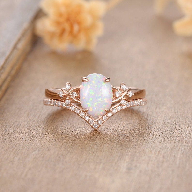 Antique Opal Engagement Ring Sets Rose Gold Opal Bridal Set | Etsy