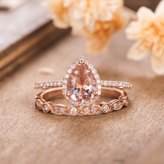 Pear shaped rose shop gold morganite engagement rings