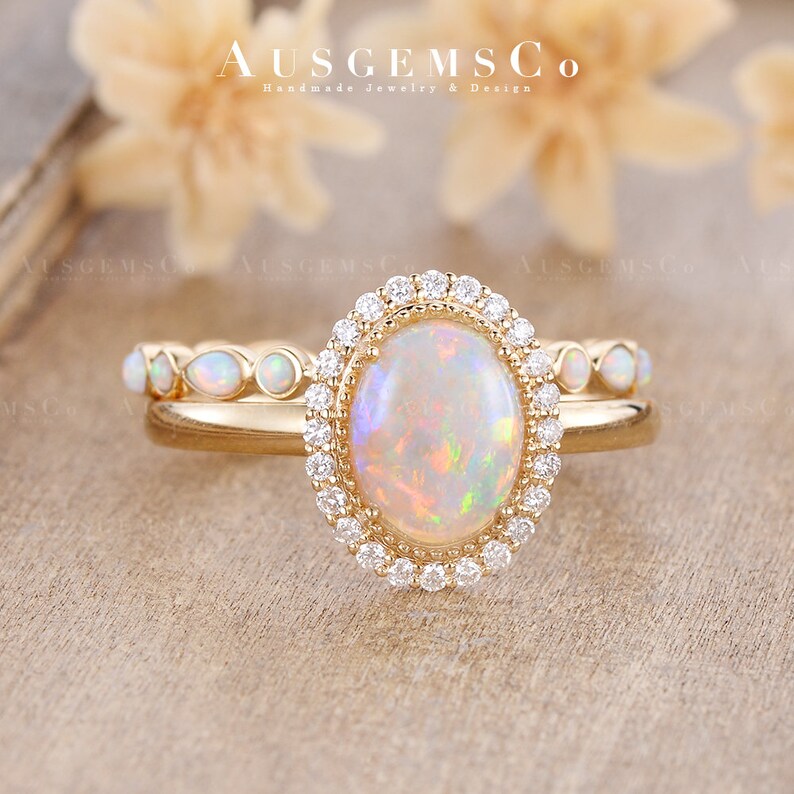 9x7mm Australia Natural Opal Engagement Ring Set Yellow Gold Oval Cut ...