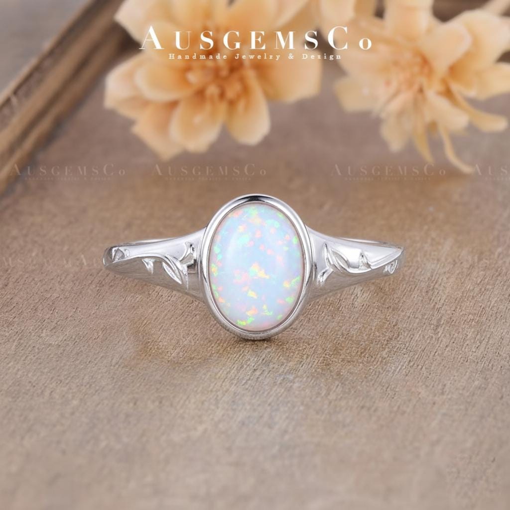 Vintage Bezel Set Opal Engagement Ring Oval Cut Natural Inspired