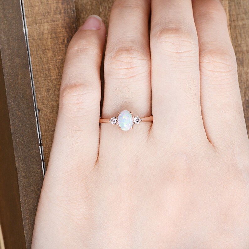 Oval Cut Opal Engagement Ring Diamond Rose Gold Three Stone | Etsy