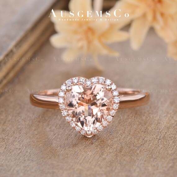 Heart Shaped Engagement Ring Rose Gold Halo Diamond Etsy