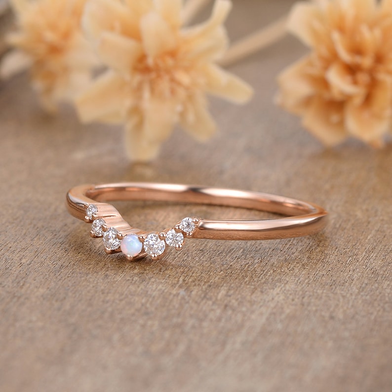 Curved wedding band Rose gold Unique Diamond And Opal Mathing band women Handmade custom wedding ring Valentines day gift for her