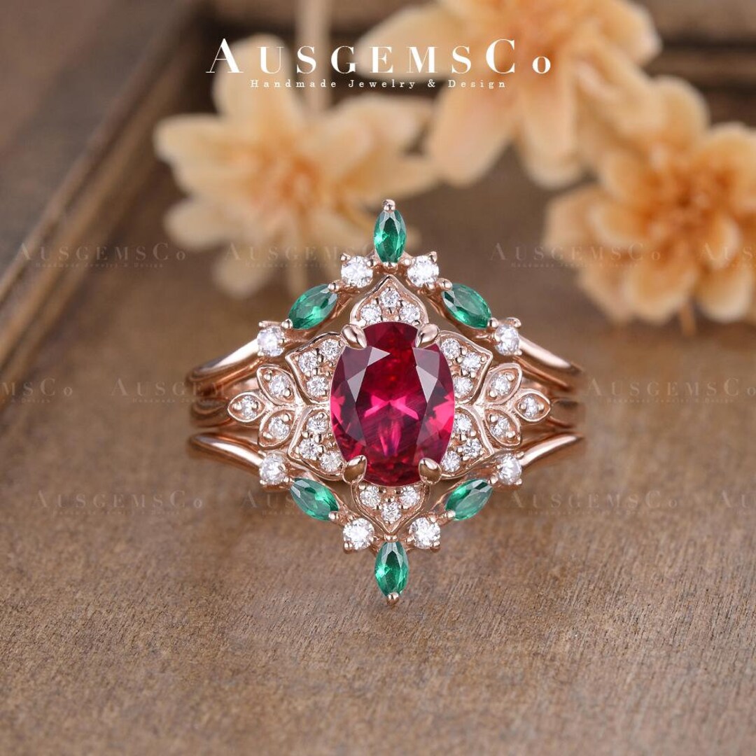 Unique Ruby Engagement Ring Set Oval Cut Flower Bridal Set Halo ...