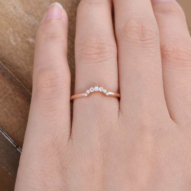Curved wedding band Rose gold Unique Diamond And Opal Mathing band women Handmade custom wedding ring Valentines day gift for her