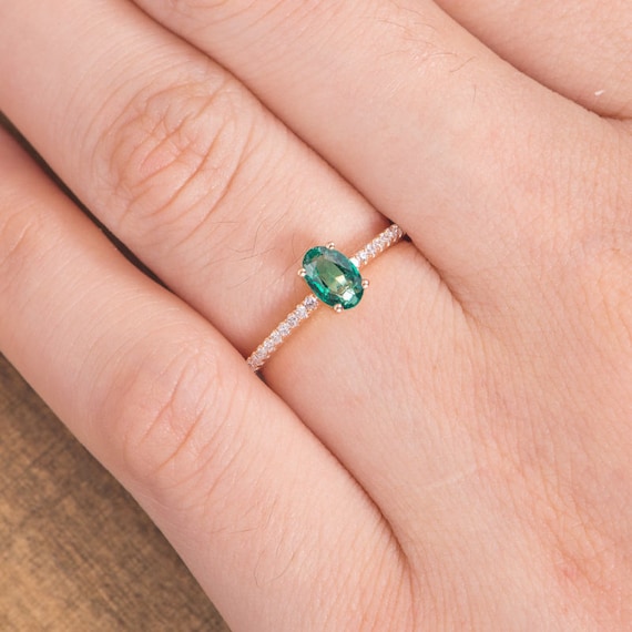 Natural Emerald Engagement Ring Rose Gold Oval Cut Solitaire Etsy