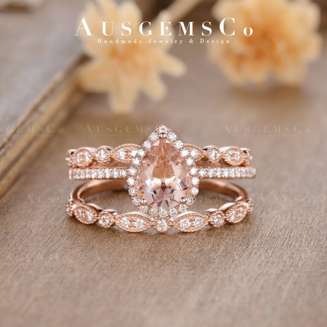 Rose Gold Morganite Engagement Ring Set Bridal Set Pear Shaped Art Deco ...