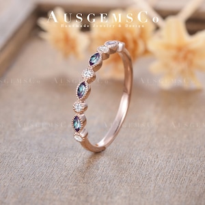 Alexandrite Ring Moissanite And Alexandrite Wedding Band Women Rose Gold Stacking Ring Art Deco Milgrain Marquise Bezel Matching Band Gift