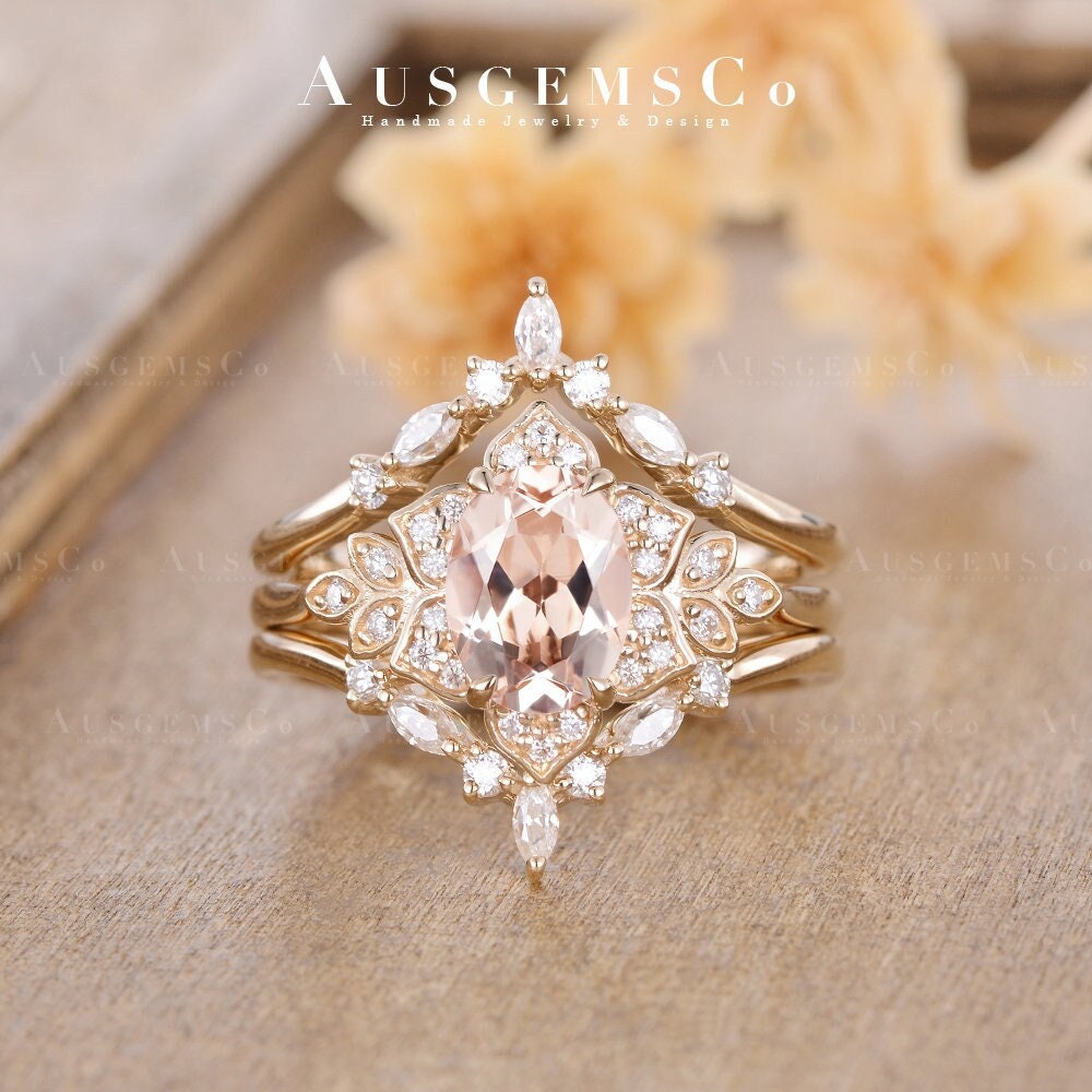 Antique Morganite Engagement Ring Set 2pcs Yellow Gold Flower Bridal Set Floral Wedding Ring Women Halo Cluster Vine Leaf Ring Cage Ring