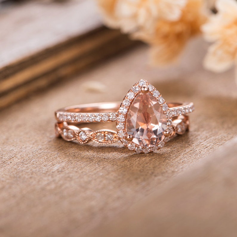 Rose Gold Engagement Ring Set Pear Shaped Morganite Bridal Set Art Deco ...