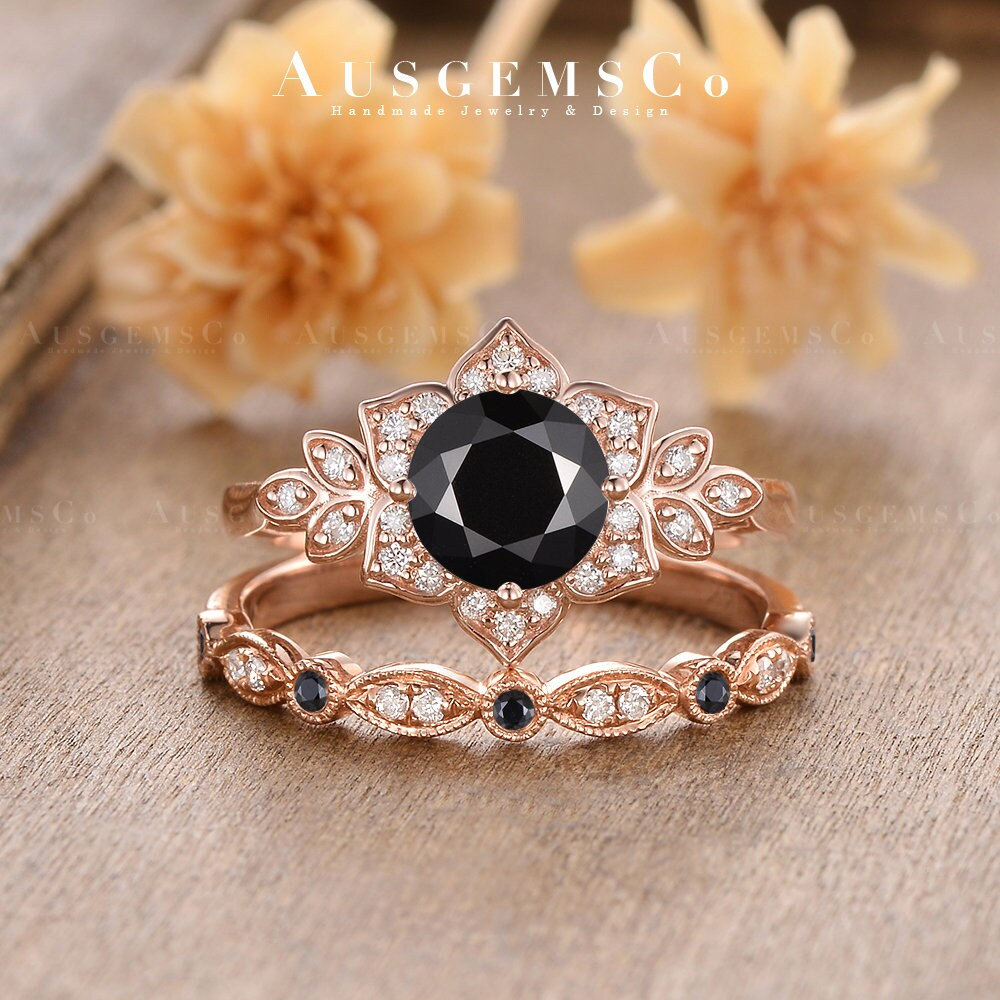 Antique Black Onyx Engagement Ring Set Rose Gold Moissanite Halo
