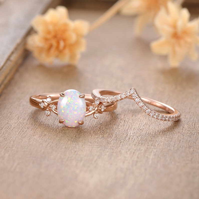 Antique Opal Engagement Ring Sets Rose Gold Opal Bridal Set | Etsy