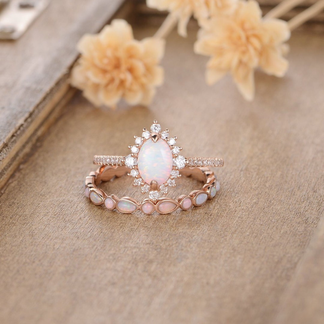 Matching Opsite Rings Lab Opal Engagement Ring Bridal Set Rose Gold Oval Cut Moissanite Halo ...
