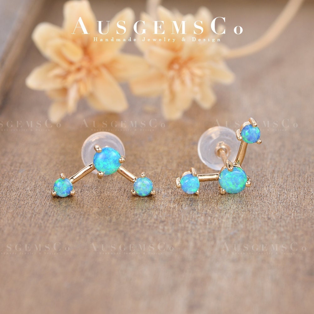Ursa Wedding Earrings Constellation Star Opal Ears Unique Band Moon and Star Anniversary Gift For Her Natural Blue Australian Opal Studs
