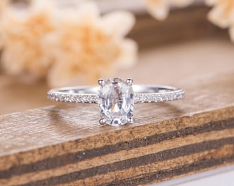 Zaffiro bianco anello di fidanzamento taglio ovale solitario diamante oro bianco cornice unica sposa donne matrimonio settembre pietra portafortuna anniversario