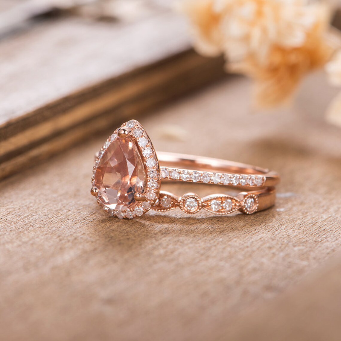 Rose Gold Morganite Engagement Ring Set Bridal Set Pear Shaped | Etsy
