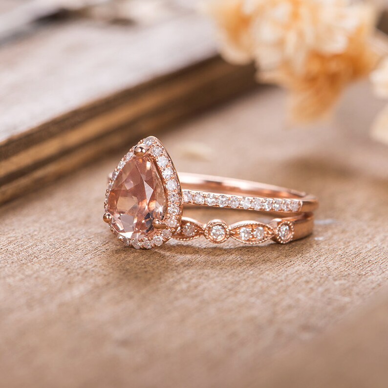 Rose Gold Morganite Engagement Ring Set Bridal Set Pear Shaped Stacking ...