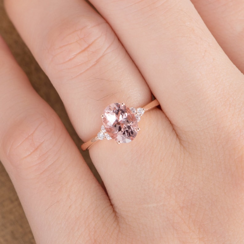 Morganite Engagement Ring Rose Gold Bridal Ring Cluster Solitaire Oval Cut Half Eternity Diamond Simple Women Anniversary Antique Wedding image 7