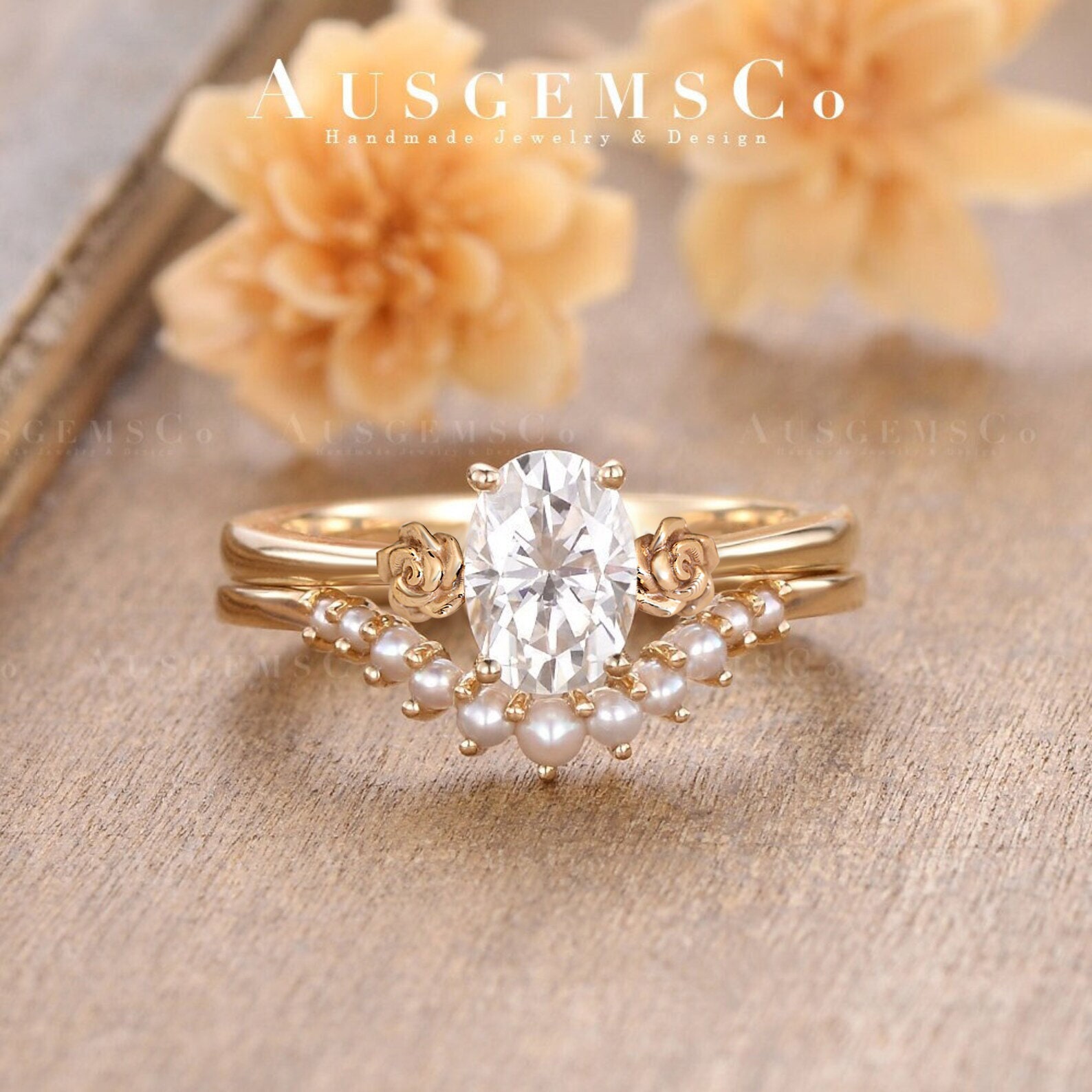 Vintage Oval Moissanite Engagement Ring Set Yellow Gold Natural Pearl ...