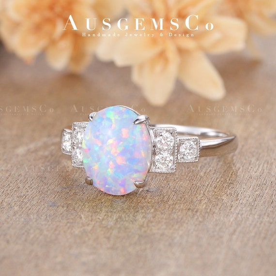 Cocktail Engagement Ring White Gold 9x7mm Opal Wedding Ring Women Oval Lab  Opal Bridal Ring Solitaire Unique Promise Ring Anniversary Gift