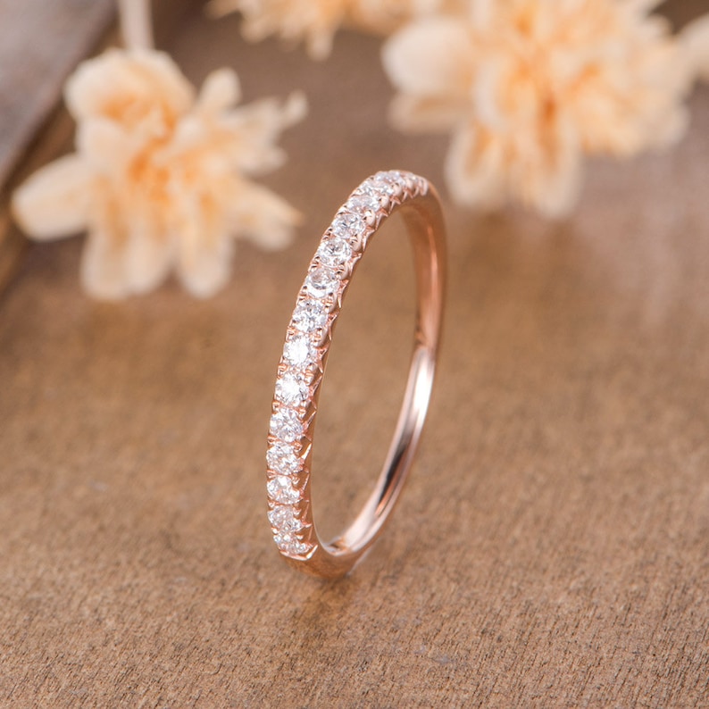Rose Gold Diamond Wedding Band Women 2mm Minimalist Stacking Matching Delicate Ring Bridal Dainty Promise Anniversary Simple Half Eternity