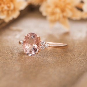 Morganite Engagement Ring Rose Gold Bridal Ring Cluster Solitaire Oval Cut Half Eternity Diamond Simple Women Anniversary Antique Wedding image 2