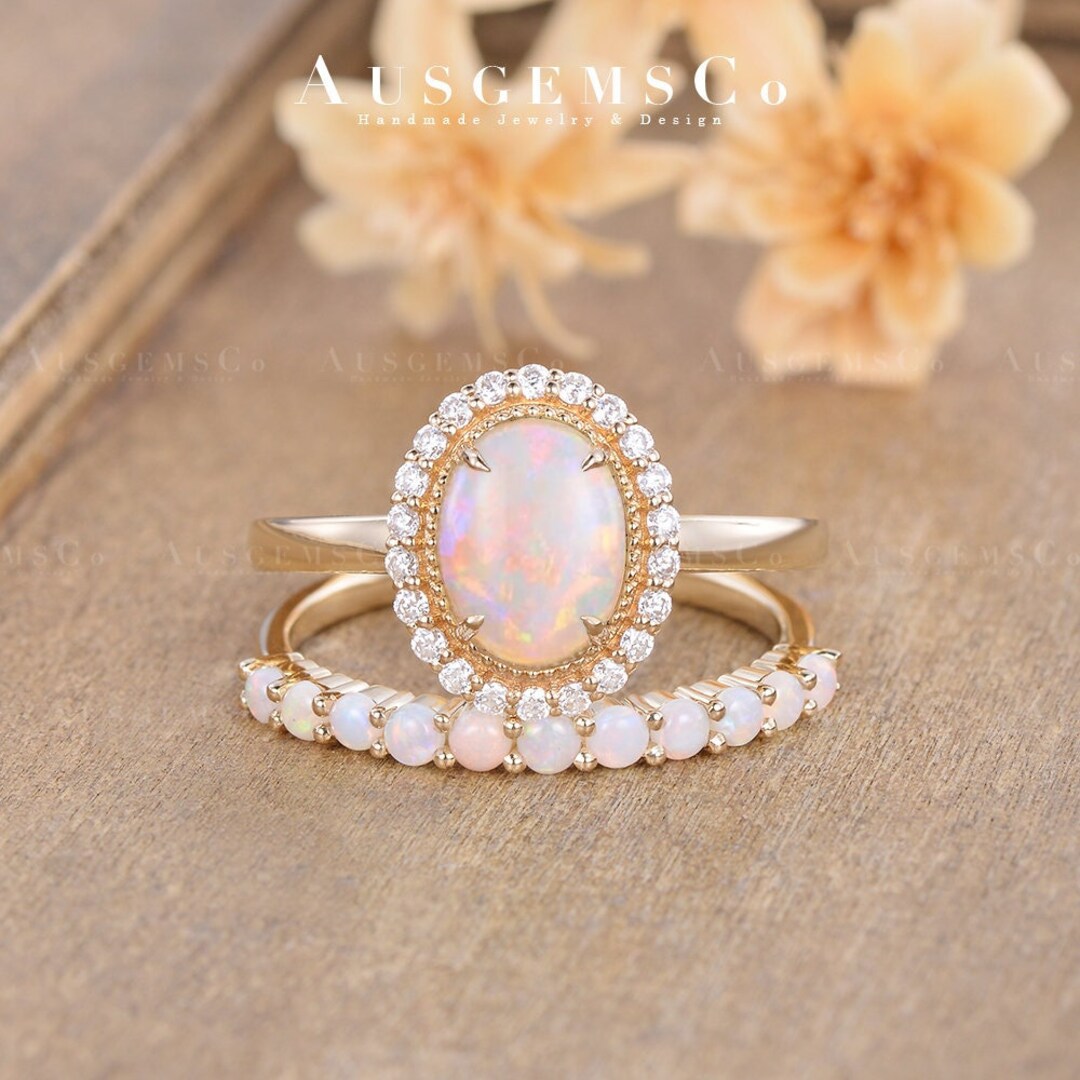Vintage Natural Opal Engagement Ring Set Yellow Gold Oval Cut Halo ...
