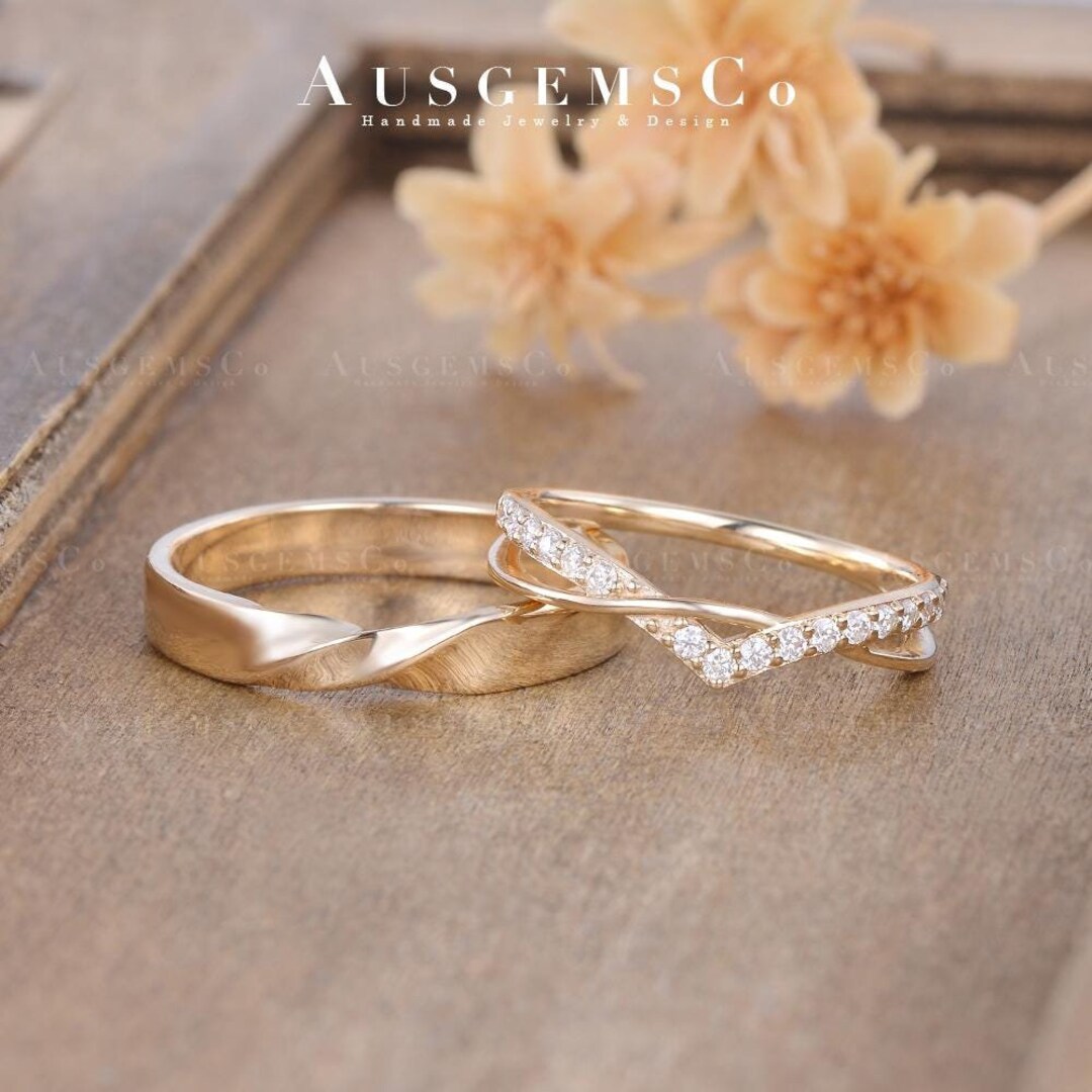 2pcs Couple Rings Set Vintage Mens Wedding Band Moissanite