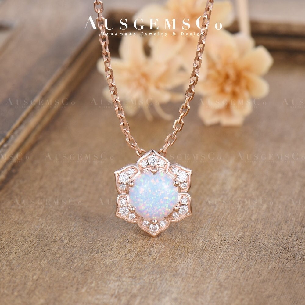 Vintage Opal Necklace Dainty Flower Halo Moissanite Pendant Rose Gold Art Deco Necklace Delicate Women Birthstone Anniversary Gift For Her