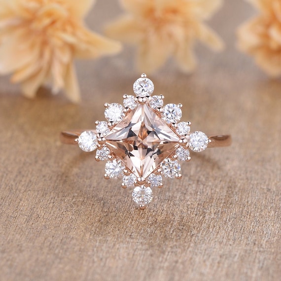 Princess Cut Morganite Engagement Ring Rose Gold Halo Moissanite Side Stone 6mm Square Cut Peachy Morganite Easy Matching Ring Women
