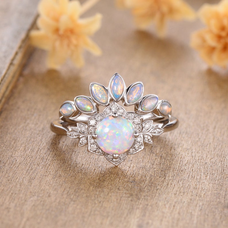 Antique Opal Engagement Ring Set 2pcs Rose Gold Opal Bridal | Etsy