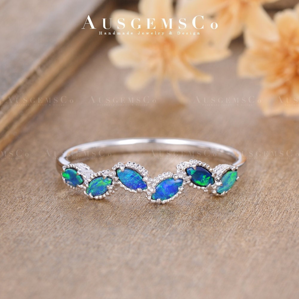 Art Deco Australian Opal Wedding Band Women Cluster Marquise Shaped Blue Natural Opal Ring Vintage Half Eternity Matching Band Gift For Her