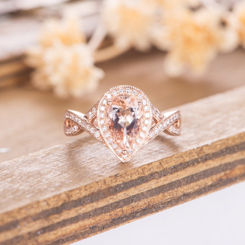 Pear Shaped Morganite Engagement Ring Rose Gold Halo Diamond Infinity ...