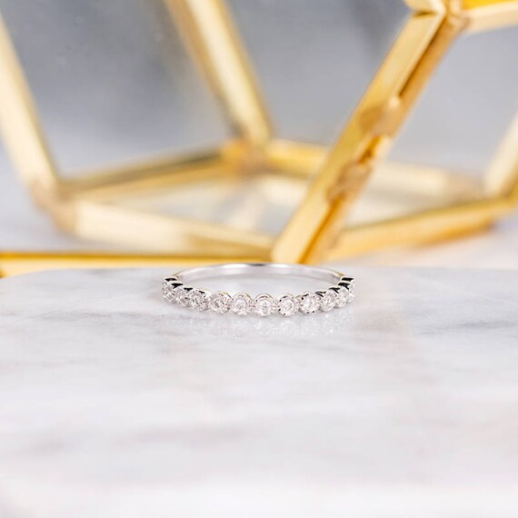 White Gold Wedding Band Women Diamond Bezel Set Dainty Ring Etsy