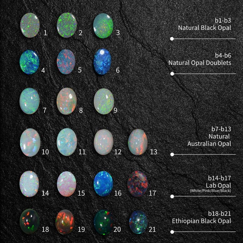 May include: A collection of 21 opal gemstones, labeled with numbers 1 through 21. The opals are arranged in rows and labeled with categories: Natural Black Opal, Natural Opal Doublets, Natural Australian Opal, Lab Opal (White/Pink/Blue/Black), and Ethiopian Black Opal.