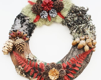 Christmas Wreath - Natural Pine Cone Wreath - Rustic Winter Wreath with Oak Moss and tree bark