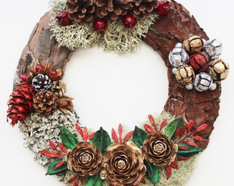 Natural Christmas Wreath - Pine Cone Wreath - Rustic Winter Wreath with Oak Moss and tree bark - Front door wreath