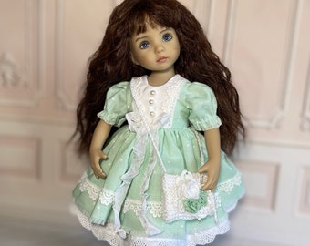 Little Darling Diana Effner doll mint green polkadot clothes, Paola Reina outfit, dress, underskirt,and  knitted purse