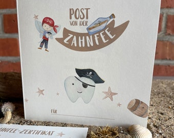 Post from the tooth fairy, pirate card with certificate / tooth calendar + envelope