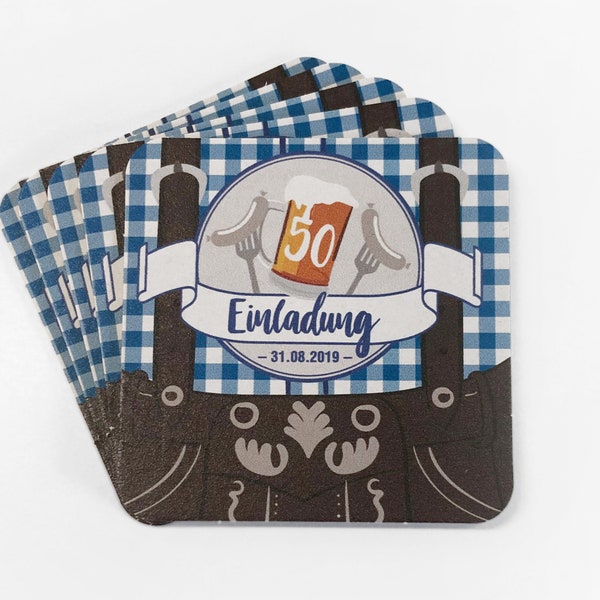 Einladung Bierdeckel zum Geburtstag - Oktoberfest/ Lederhosen-Look, blau