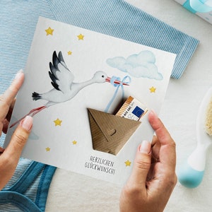 Geboortekaart, ooievaar met geldcadeau, blauw