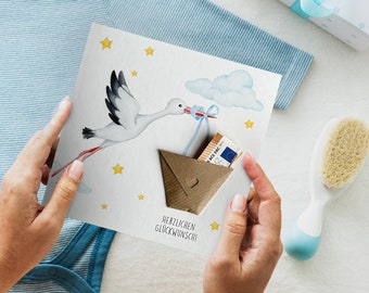 Birth card, stork with money gift, blue