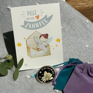 Tooth fairy surprise: Great coin in a velvet bag with a tooth fairy greeting image 1