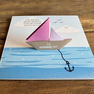 Carte de communion 2025, avec bateau plié à la main, rose/rose