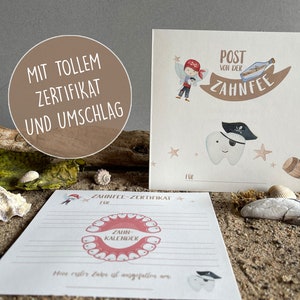 Courrier de la Fée des Dents, carte pirate avec certificat / calendrier dentaire + enveloppe