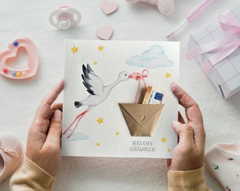 Birth card, stork with money gift, pink