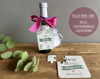 Geschenk-Set für die Mama: Puzzle, Anhänger, Schleifenband für Piccoloflasche