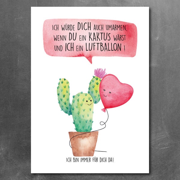 Carte postale de vœux à petite amie/petit ami : "Je te serrerais aussi dans mes bras si tu étais un cactus et j'étais un ballon"