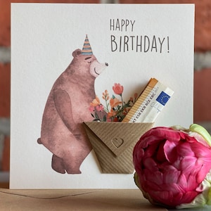 Cartão de aniversário de presente de dinheiro "Feliz Aniversário" com urso