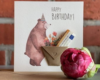 Money gift birthday card "Happy Birthday" with bear